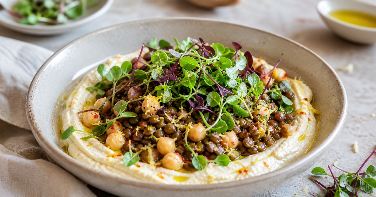 Hummus, lentejas y garbanzos terminados con microbrotes frescos