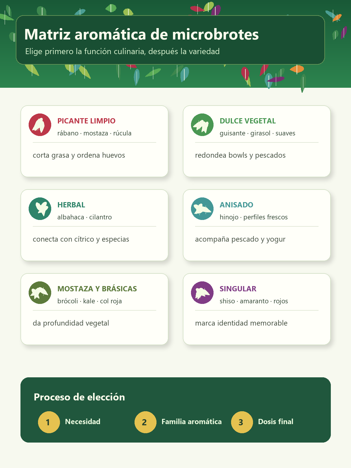 Infografía de familias aromáticas de microbrotes: picante, dulce, herbal, anisado, mostaza, cilantro y shiso