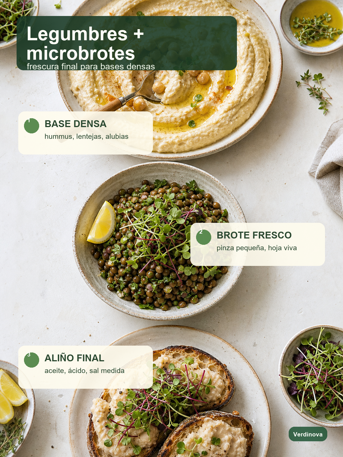 Infografía sobre cómo usar microbrotes para aportar frescura a hummus, lentejas y alubias