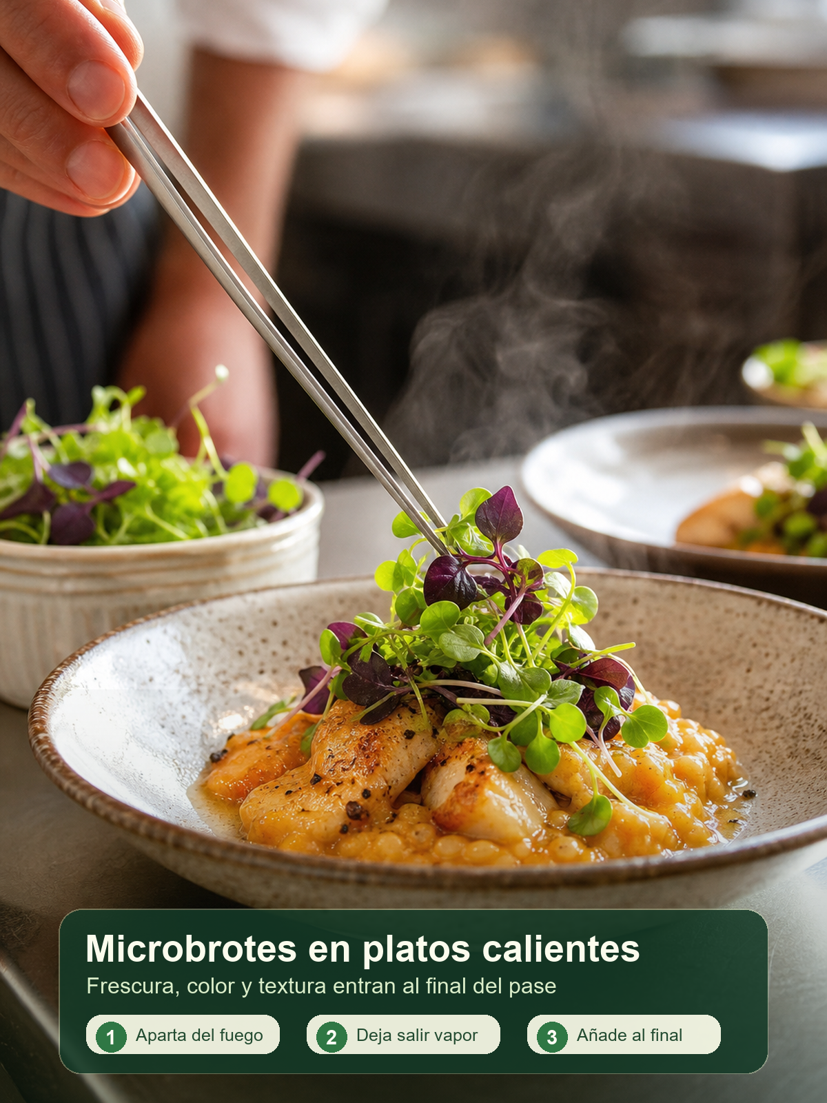 Infografía sobre cómo añadir microbrotes al final en platos calientes sin fuego directo