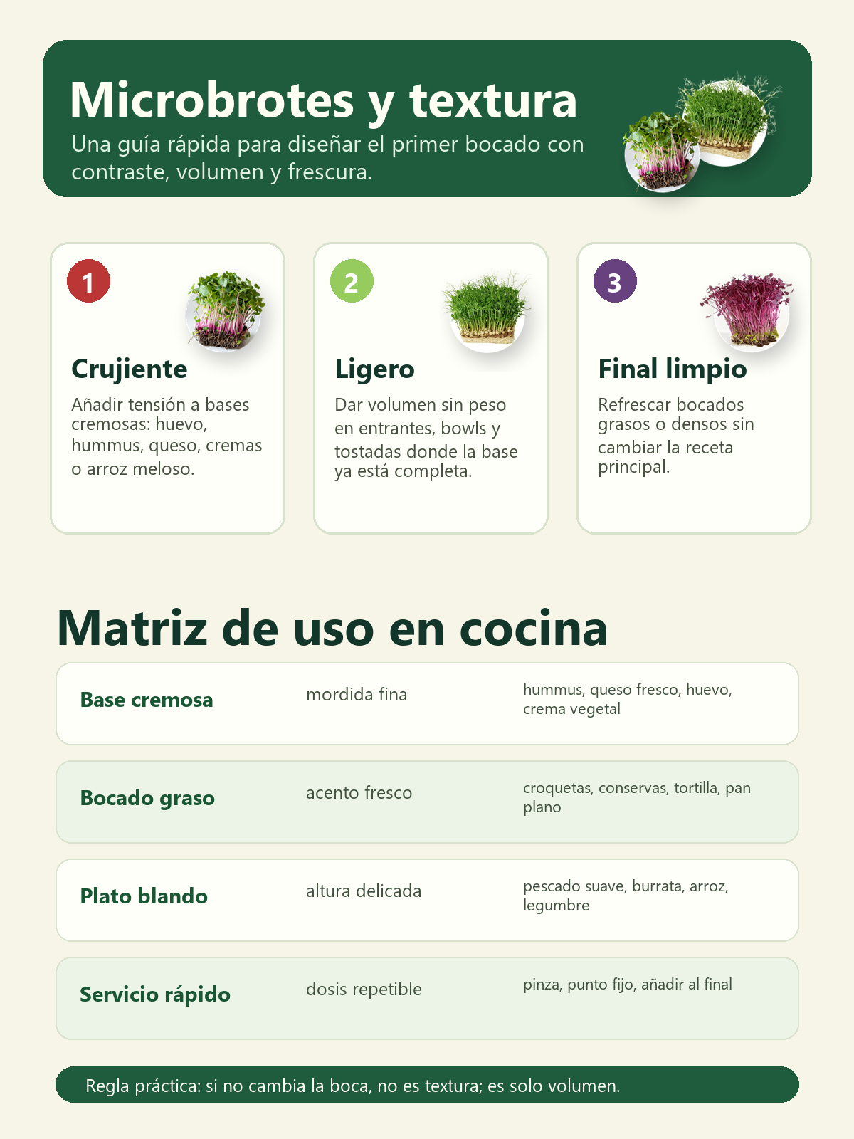 Infografía sobre microbrotes y textura: crujiente, ligereza, final limpio y matriz de uso